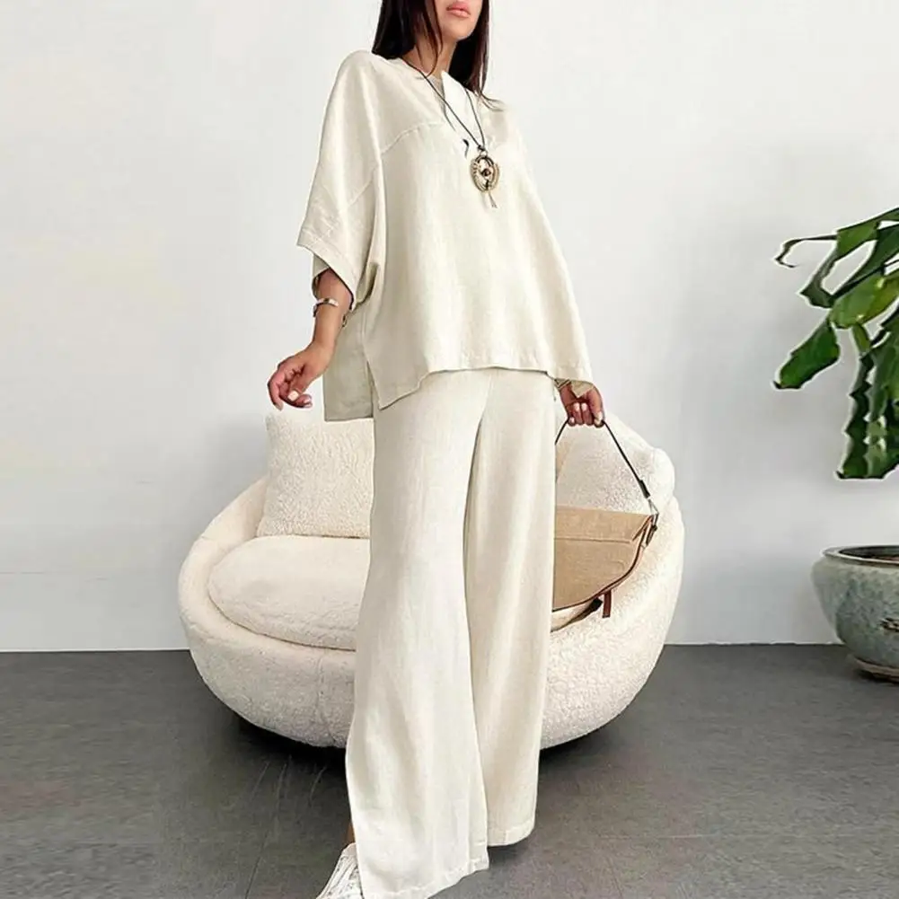 ชุดเซ็ทเสื้อผ้าผู้หญิงสไตล์วินเทจแบบหลวมๆ 2 ชิ้น สีพื้น แขน 3/4 เสื้อพูลโอเวอร์ลำลอง กางเกงขายาวทรงกว้าง  คอลเลคชั่นใหม่ ฤดูใบไม้ผลิ/ฤดูร้อน 2025