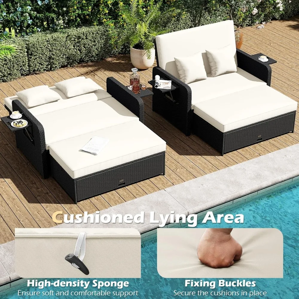 

Outdoor PE Wicker Patio Daybed with Adjustable Backrest Storage Ottoman Loveseat Set Customized Rattan Furniture with Folding De