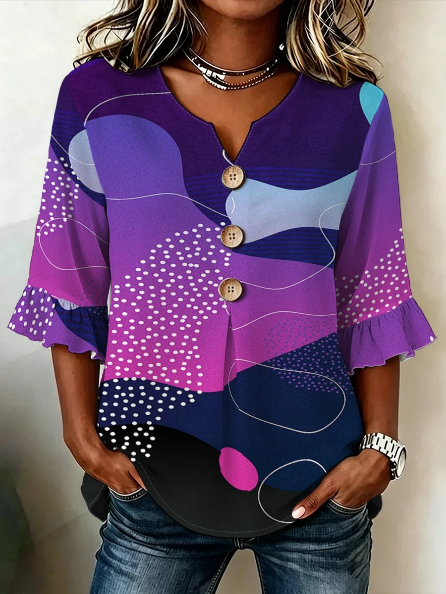 Women's Abstract Geometric Print Blouse Notch V Neck Sleeve Shirt Casual Button Decor Loose Tunic Tops