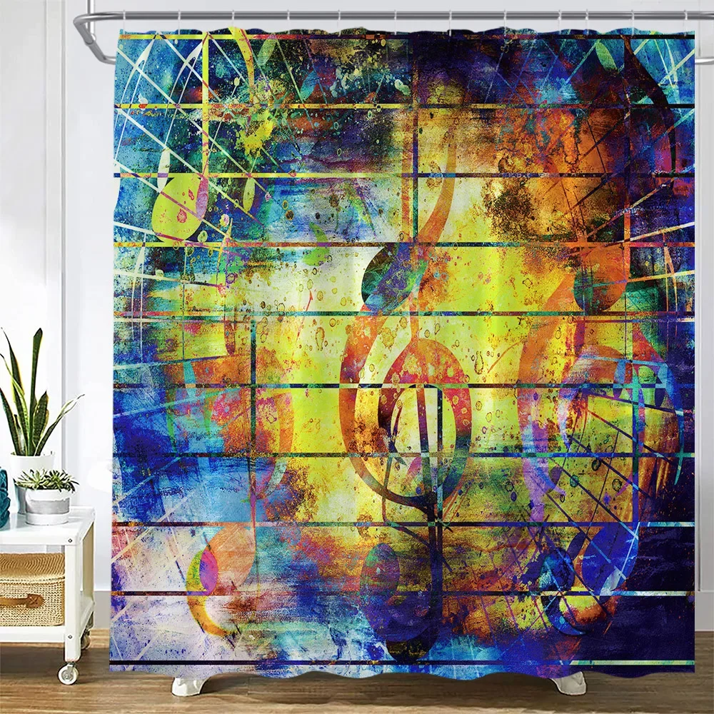 Colorful Musical Note Shower Curtais Retro Board Painting Art Abstract Music Grunge Style Bath Curtain Fabric Bathroom Decor Set