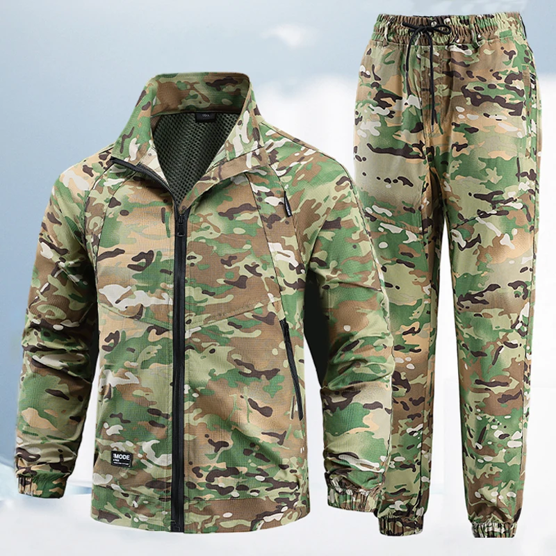 Mens Tactical Camo Set Durable Camouflage Tracksuit Hunting Suit Man Outdoor Hiking Jacket and Pants Set Lightweight Sports Suit