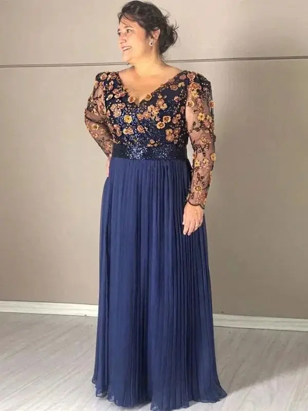 Navy Blue Sequined Mother Of The Bride Dresses Appliqued Long Sleeves Chiffon Evening Gown Customized Wedding Guest Dress