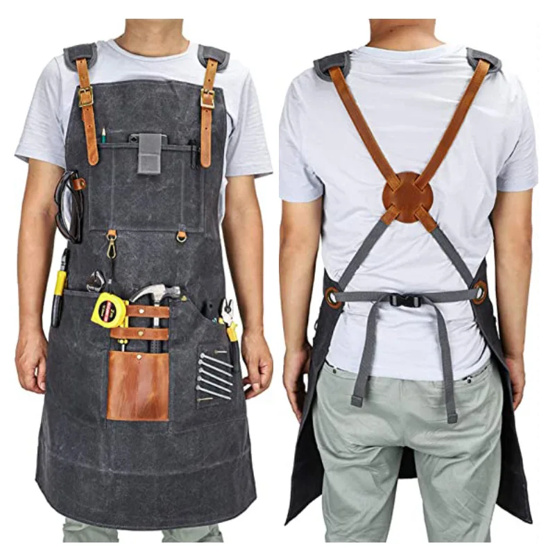 Thickened Canvas Waterproof Woodworking Machinist Antifouling Barista Kitchen Restaurant Repairman Pocket Carpenter Long Apron