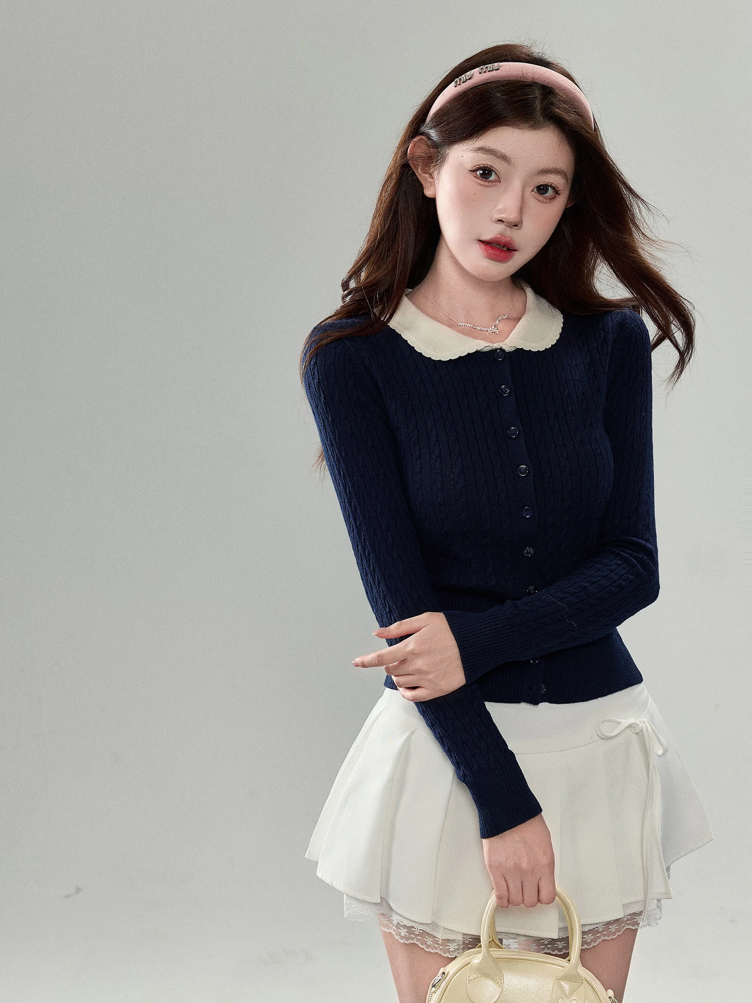 

Вязаный кардиган Sweetie, женский модный осенний свитер для колледжа, облегающий свитер длиной до плеч, кукольный воротник, теплый, повседневный...