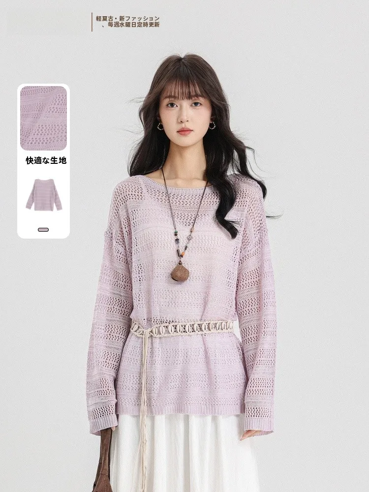 

Элегантный вязаный свитер с открытыми плечами и ажурным дизайном, летняя новинка, женский, комфортный крой, круглый вырез, длинный рукав