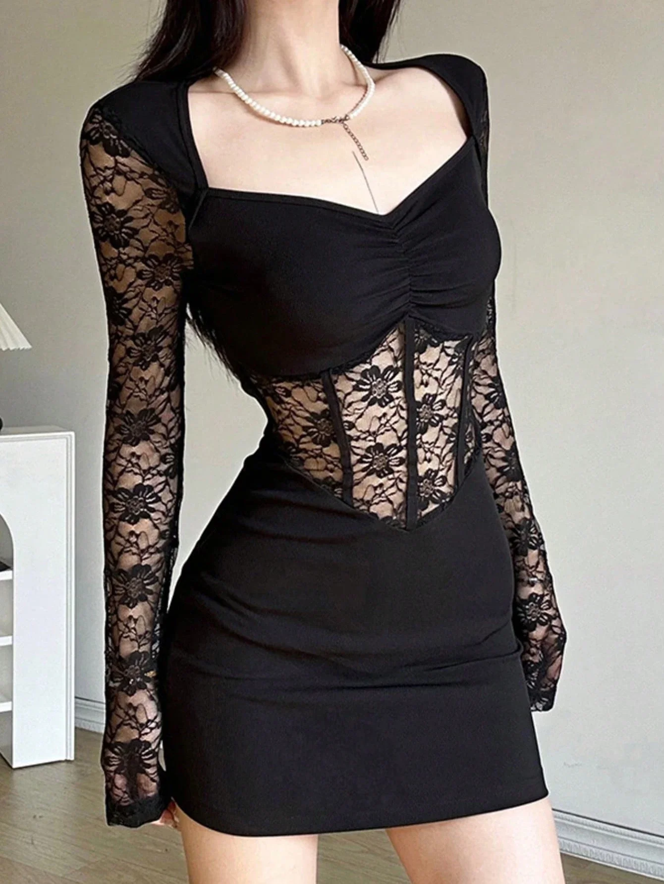 Black Ruched Lace Mini Dress for Night Out