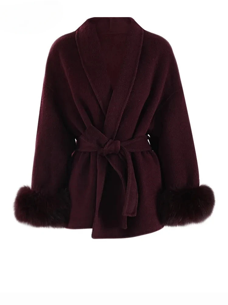 

Wine Red Fur Cuff Big Size Belted Woolen Coat New Lapel Long Sleeve Women Jacket Fashion Tide Autumn Winter 2024 CPG2347