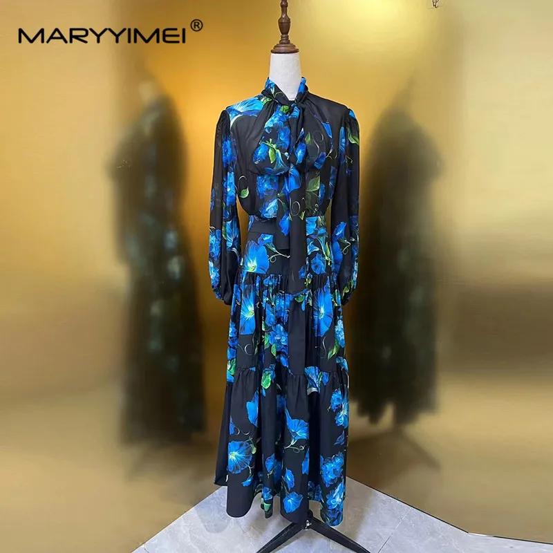 MARYYIMEI New Vintage Silk Scarf Collar Printed High-Quality Shirt + Cotton Blue Flower Printed Skirt Two-Piece Set