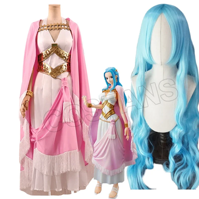 Anime One Piece Cosplay Nefeltari Live Princess Elegant Dresses Pink Cloak Halloween Role Play Costumes Wig Long Blue Hair Props