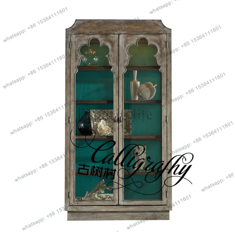 American neoclassical simple French rural antique old solid wood bookcase, display cabinet