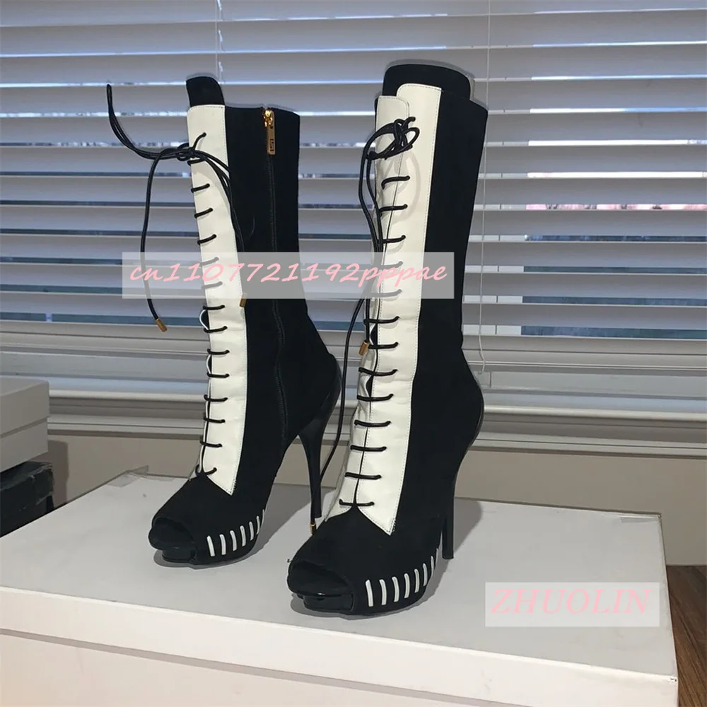

Women'S Mixed Color Leather Suede Mid-Calf Boots Fashion Platform Stiletto Heel Cross Lace-Up Open Toe Boots Casual Party Shoes