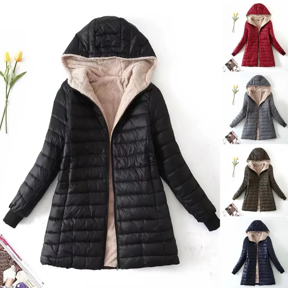 2024 Mid-length Hooded Jackets Women Winter Warm Lamb Fleece Parkas Solid Casual Fit Office Ladies Coats Thick Outwear Parkas