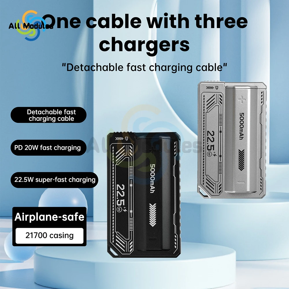 1ピースはんだ不要21700パワーバンクケースPD 20W急速充電内蔵ケーブル付き取り外し可能なDIYバッテリーケース（バッテリーなし）