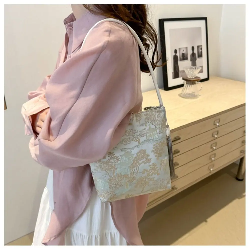 

Сумка на плечо с принтом и вышивкой, большая вместительная сумка-ведро с цветочным принтом Hanfu, большая сумка, новая детская сумка в китайском стиле