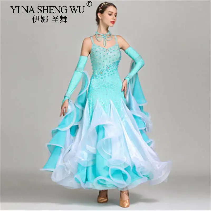 ชุดเต้นรำสมัยใหม่สำหรับผู้ใหญ่ ผู้หญิง ชุดเดรสผ้าชีฟองเปิดหลัง ทรงสวิงขนาดใหญ่ ชุดเต้นรำมาตรฐานระดับชาติ ชุดแสดงวอลทซ์ ชุดราตรี