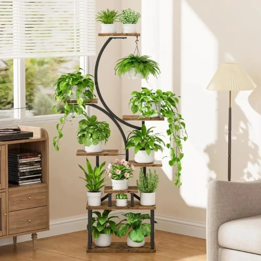

62" Plant Stand Indoor with Grow Lights, Lighted Corner Plant Stands, 8 Tiered Large Flower Holder, S-Shaped Decorative Rack