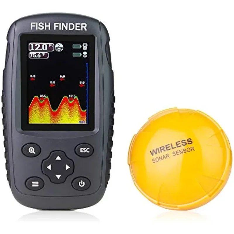 

Portable Rechargeable Fish Finder Wireless Sonar Sensor Fishfinder Depth Locator with Fish Size, Water Temperature