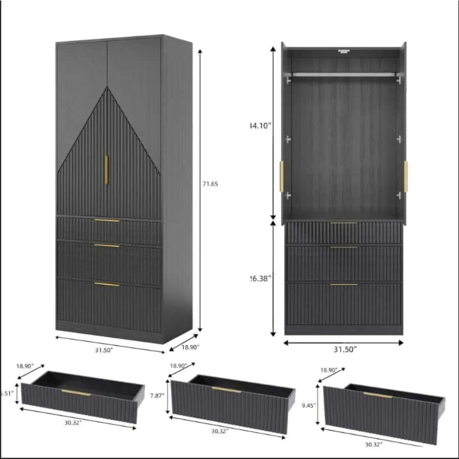 71.7 Freestanding Wooden Wardrobe Armoire with 2 Doors and 3 Drawers for Bedroom Storage Large Capacity Closet with Hanging Rod