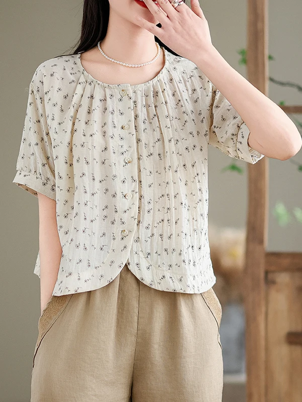 Sweet Flubble Sve irt Women's Top New 2025 Summer Anti-Aging High-End Single Button ort Sve round Ne Loose Fit