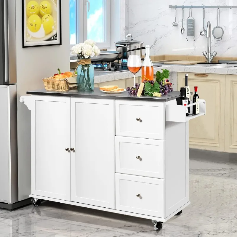 

Kitchen Island on Wheels with Stainless Steel Top, Rolling Kitchen Cart with Storage Drawers & Cabinet,