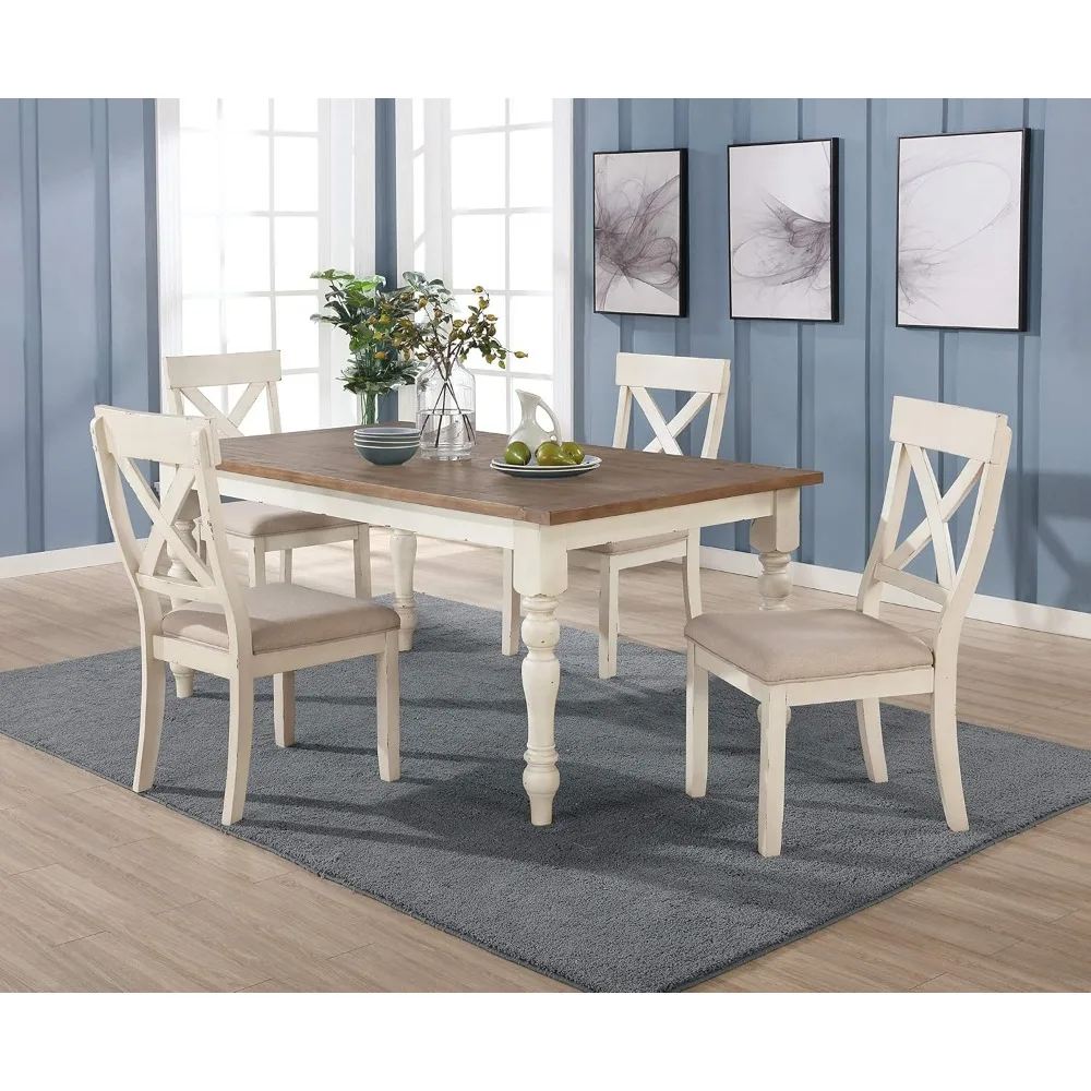 

5-Piece Dining Table Set with Cross Back Chairs, Antique White and Distressed Oak