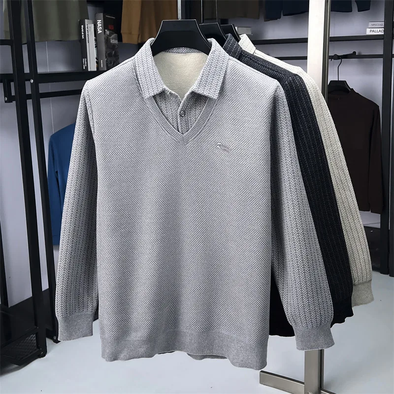 Brand Luxury Men's Plush Fake Two Piece Long Sleeve Knitted Sweater Winter New Solid Color Print Warm Fashion Business Menswear