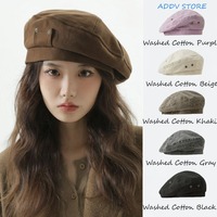 Brown Woolen Beret Female Vintage Copper Buckle Distressed Washed Cotton Painter Hat Winter Japanese Pocket Beret