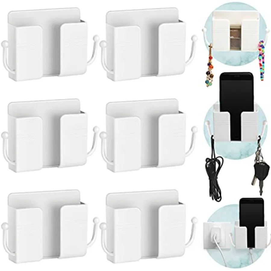 

6 Pcs Wall Mount Phone Holder Self-Adhesive Wall Beside Organizer Storage Box Plastic Charging Phone Stand Remote Brackets Hold