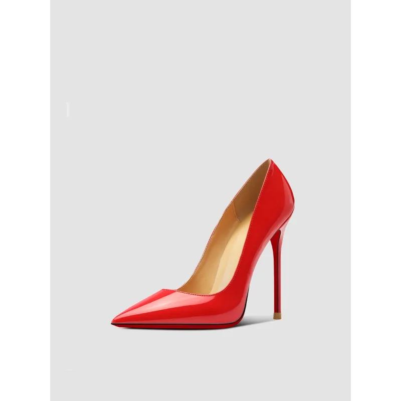 حذاء بكعب عالٍ مدبب جميل للغاية للنساء، حذاء فردي احترافي جديد بكعب نحيف من الجلد الفرنسي المثير مقاس كبير باللون الأسود