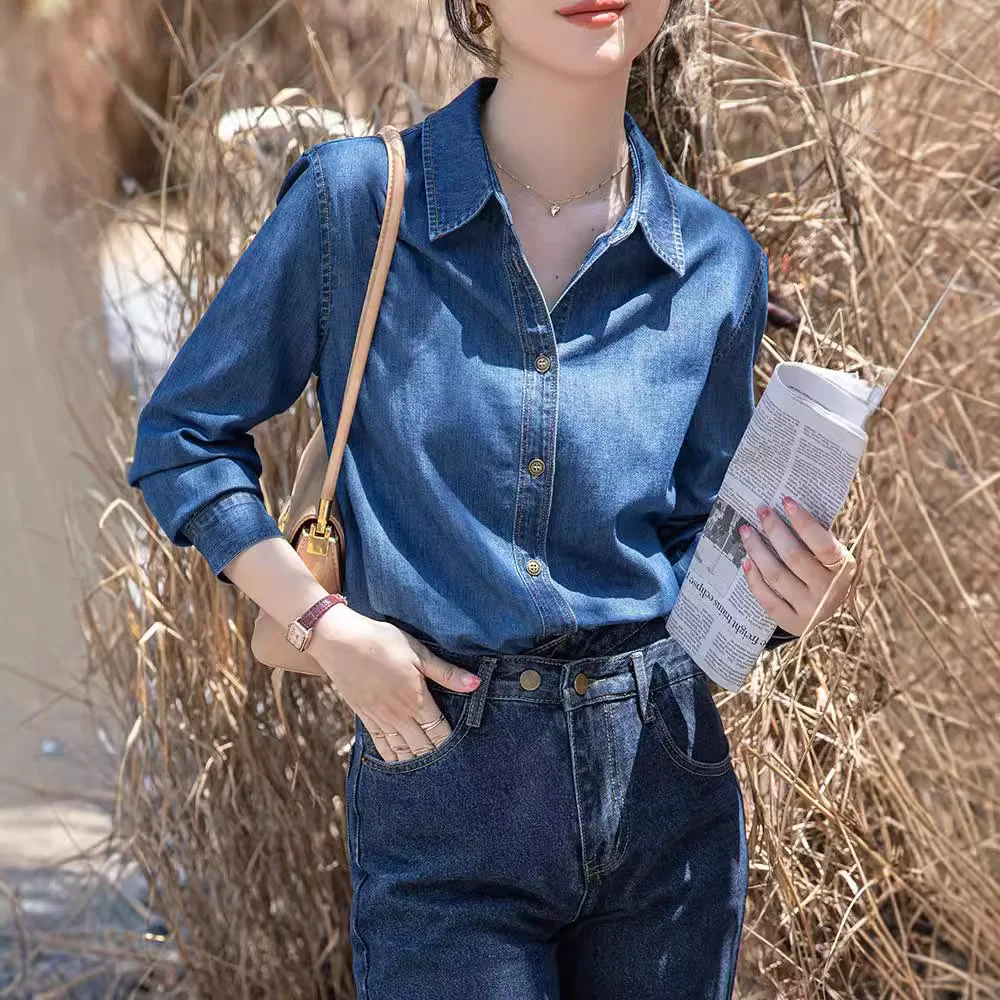 

Women Denim Shirt Top Washed 2025 Autumn Single Breasted Turn Down Collar Blouse Office Lady Vintage Tops Basic Overshirt