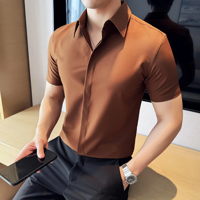 

2024 New High Quality Hidden Placket High Elasticity Short Sleeve Shirt Solid Men Slim Social Casual Business Formal Dress Shirt