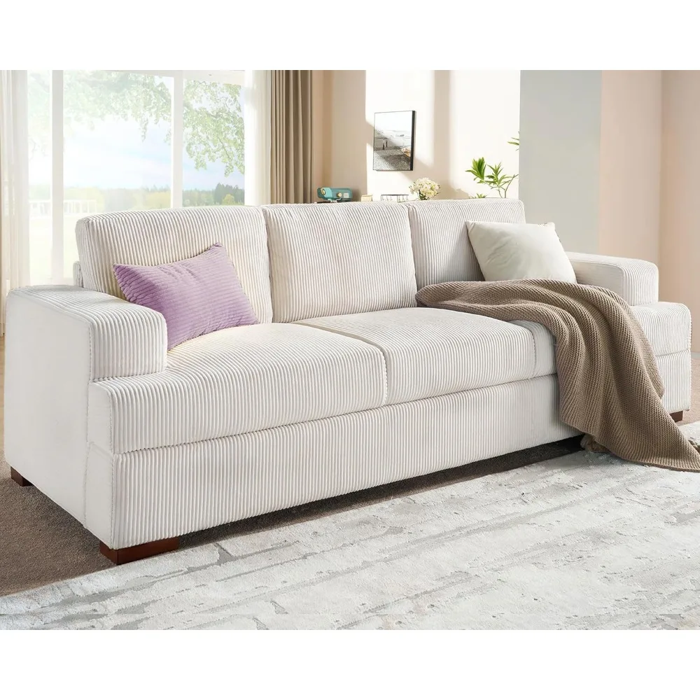 89in Comfy Couch, 3 Seater Sofa with Wood Legs, Deep Seat Sofa- White Corduroy Modern Sofa Couch for Living Room