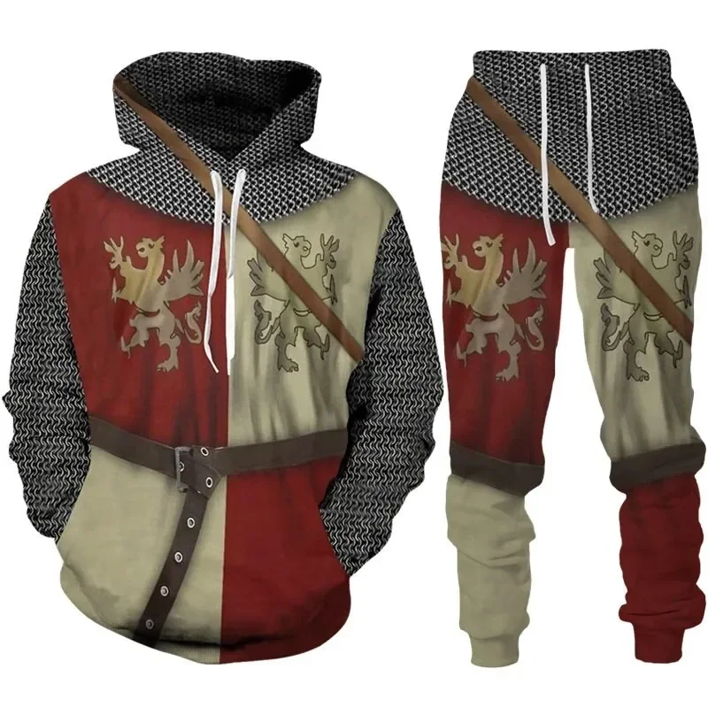 Men's 3D Printed Hoodie Suit Retro Knight Autumn New Templar Armor Streetwear Pullover Leisure sportswear pants Two-piece