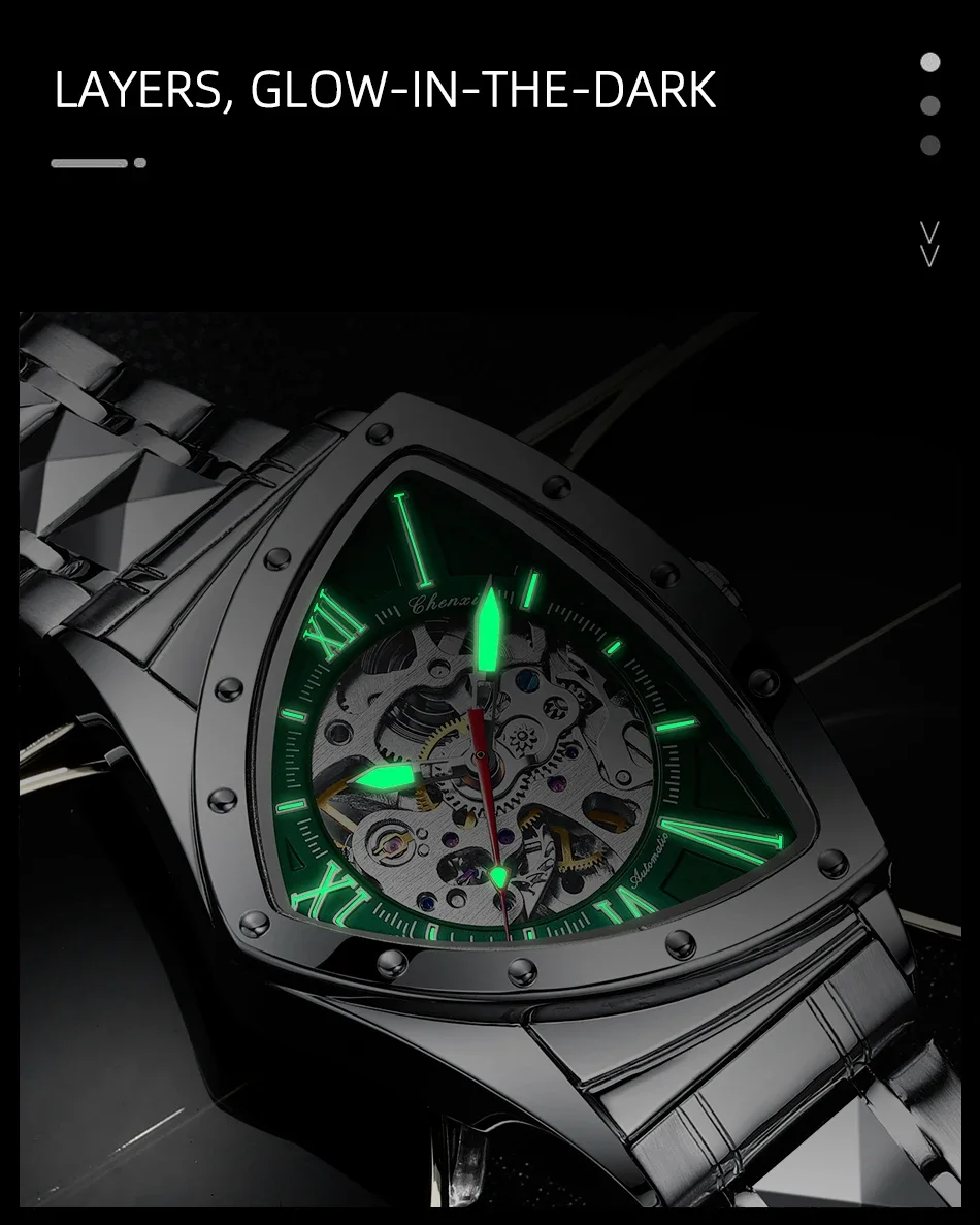 CHENXI Designer Luxury Fashion Man Watch Triangle Steel Skeleton Mechanical Automatic Movement Clock Sports Silicone Strap Wrist