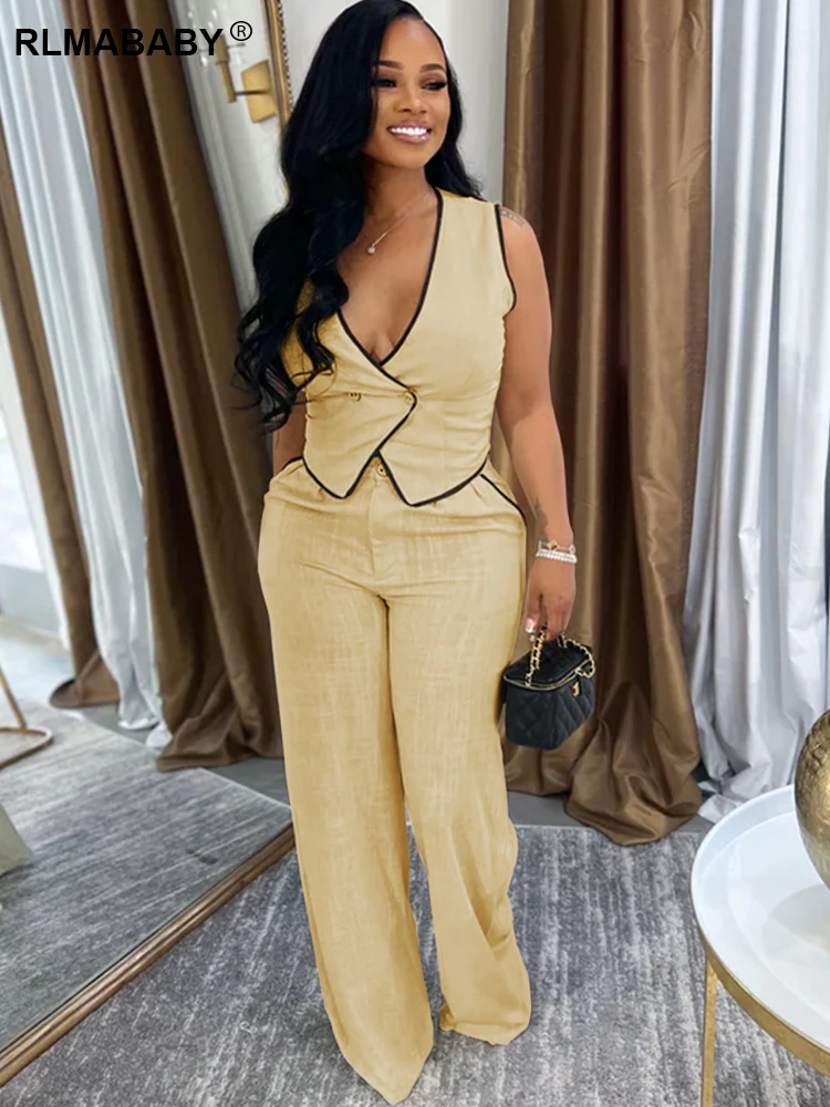 

RLMABABY Модный повседневный топ без рукавов с v-образным вырезом на пуговицах и прямые брюки с высокой талией, сексуальный комплект из двух предметов, женский брючный костюм