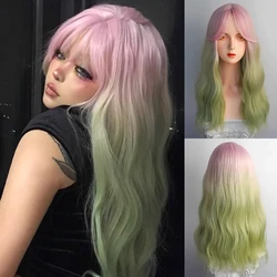 Ombre Pink Green Blend parrucca da donna sintetica ondulata lunga con frangia Lolita Cosplay parrucca per capelli soffici per la festa quotidiana