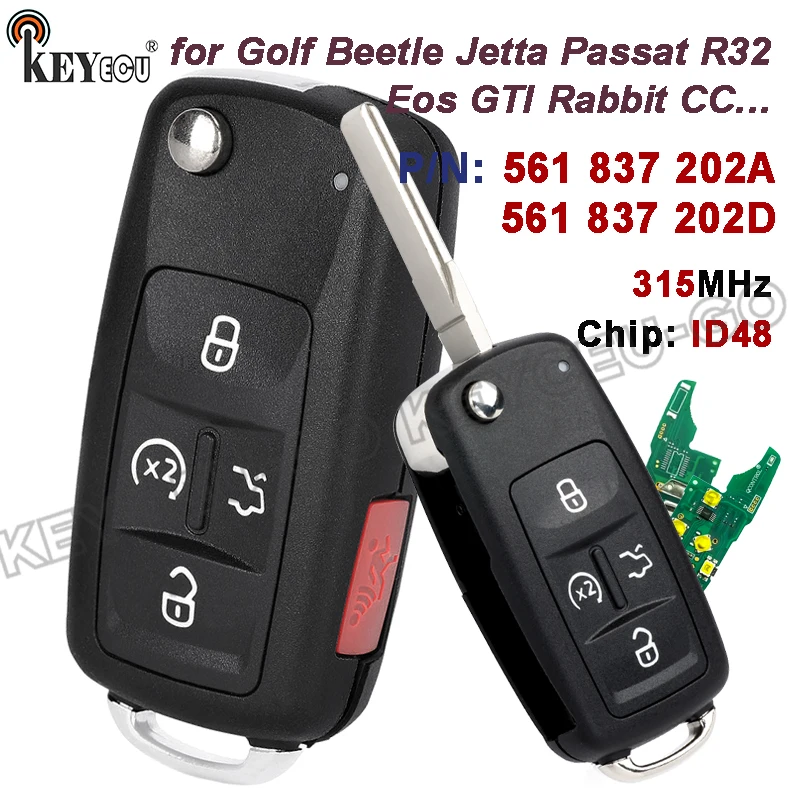 

KEYECU 315 МГц ID48 чип 561 837 202 A/561837202D для Volkswagen Golf Beetle Jetta Passat R32 Eos GTI Rabbit CC дистанционный брелок
