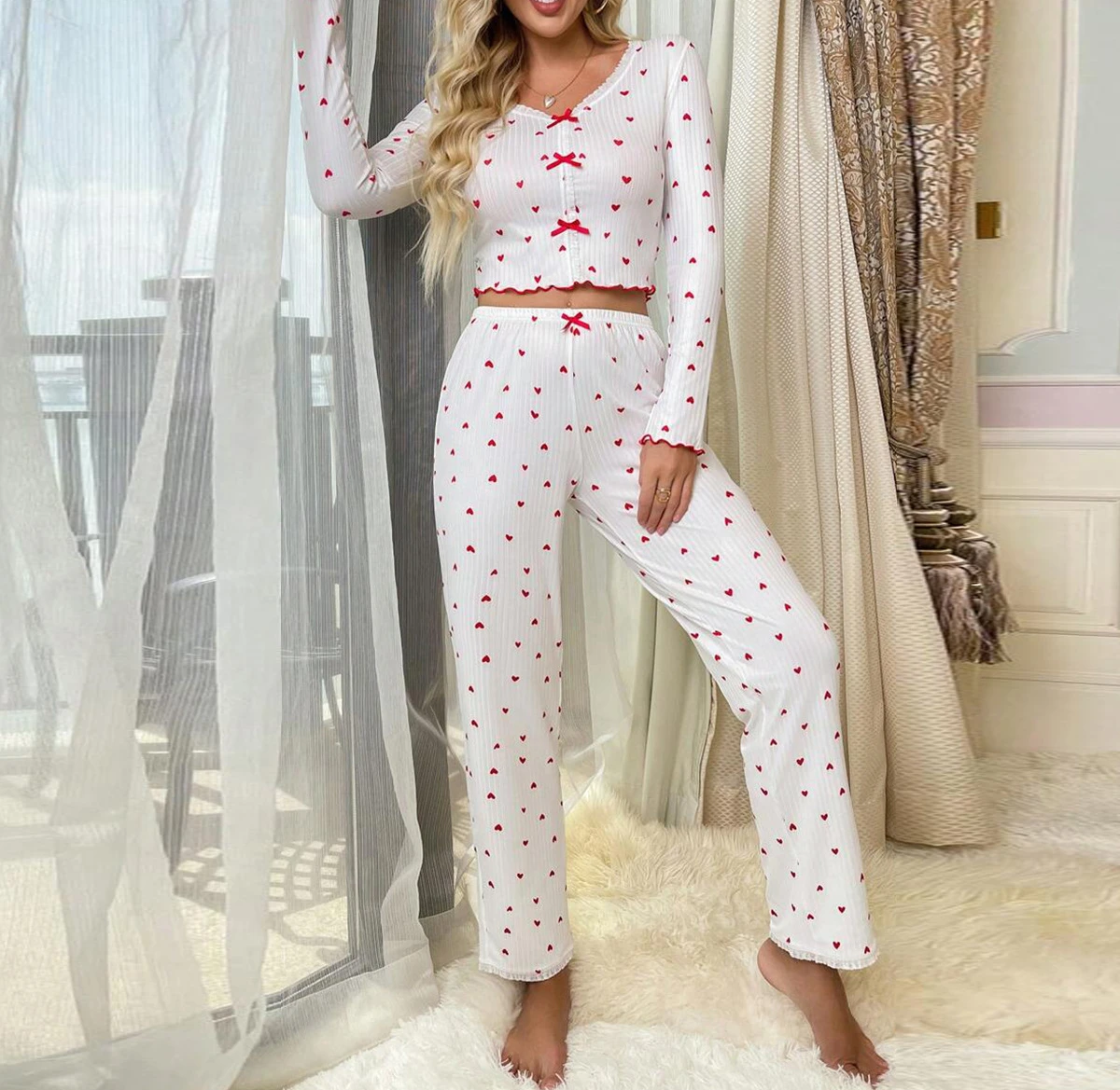 Two Piece Sets Womens Outifits Streetwear Love Long Sleeved Pajamas for Female Can Be Worn Outside Pants Suit Autumn New 2024