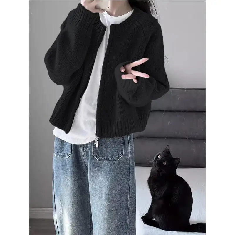 Zipper Cardigan Long Sleeved Knitted Top Loose Thickened Grey Cropped Sweater Coat Women's Clothing Autumn Winter Round Neck Top