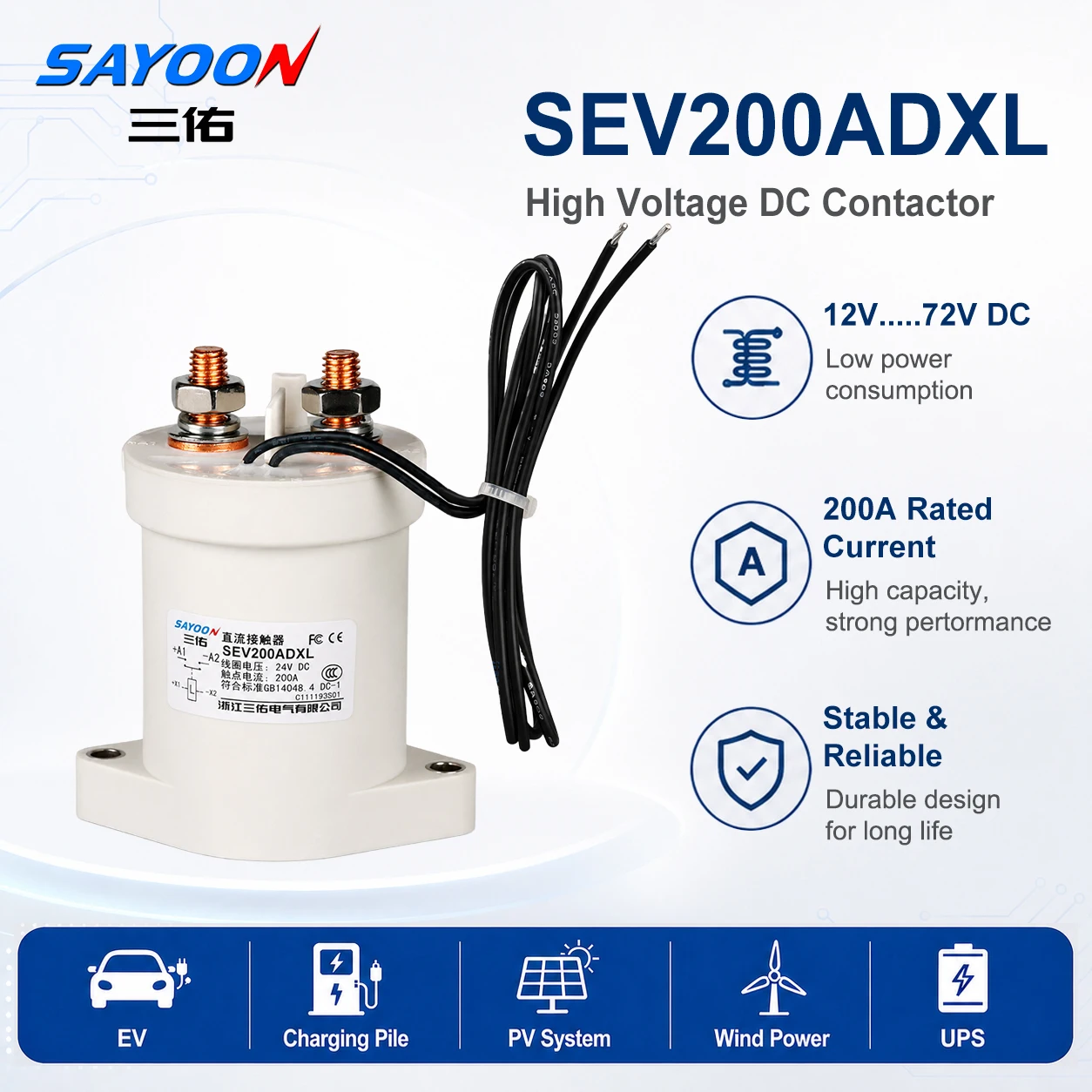 

SEV200ADXL High Voltage Vacuum DC Contactor 12V/24V/48V DC Relay Power Motor Control Tool Electric Motor Car and Solar System