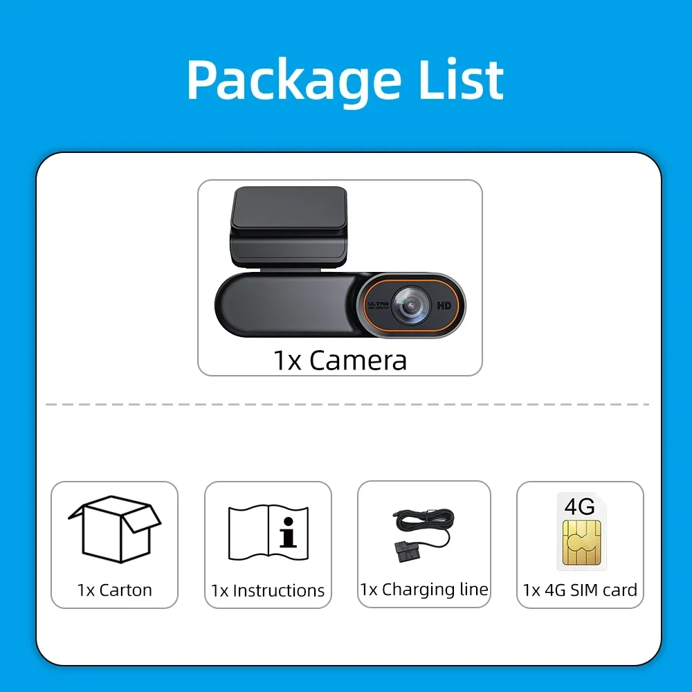 กล้องติดรถยนต์ 4G LTE ความละเอียด 4K พร้อม GPS, ดูภาพ/ควบคุมจากระยะไกล, มองเห็นในเวลากลางคืน, เซ็นเซอร์ G, จัดเก็บข้อมูลบนคลาวด์, โหมดจอดรถ 24 ชั่วโมง