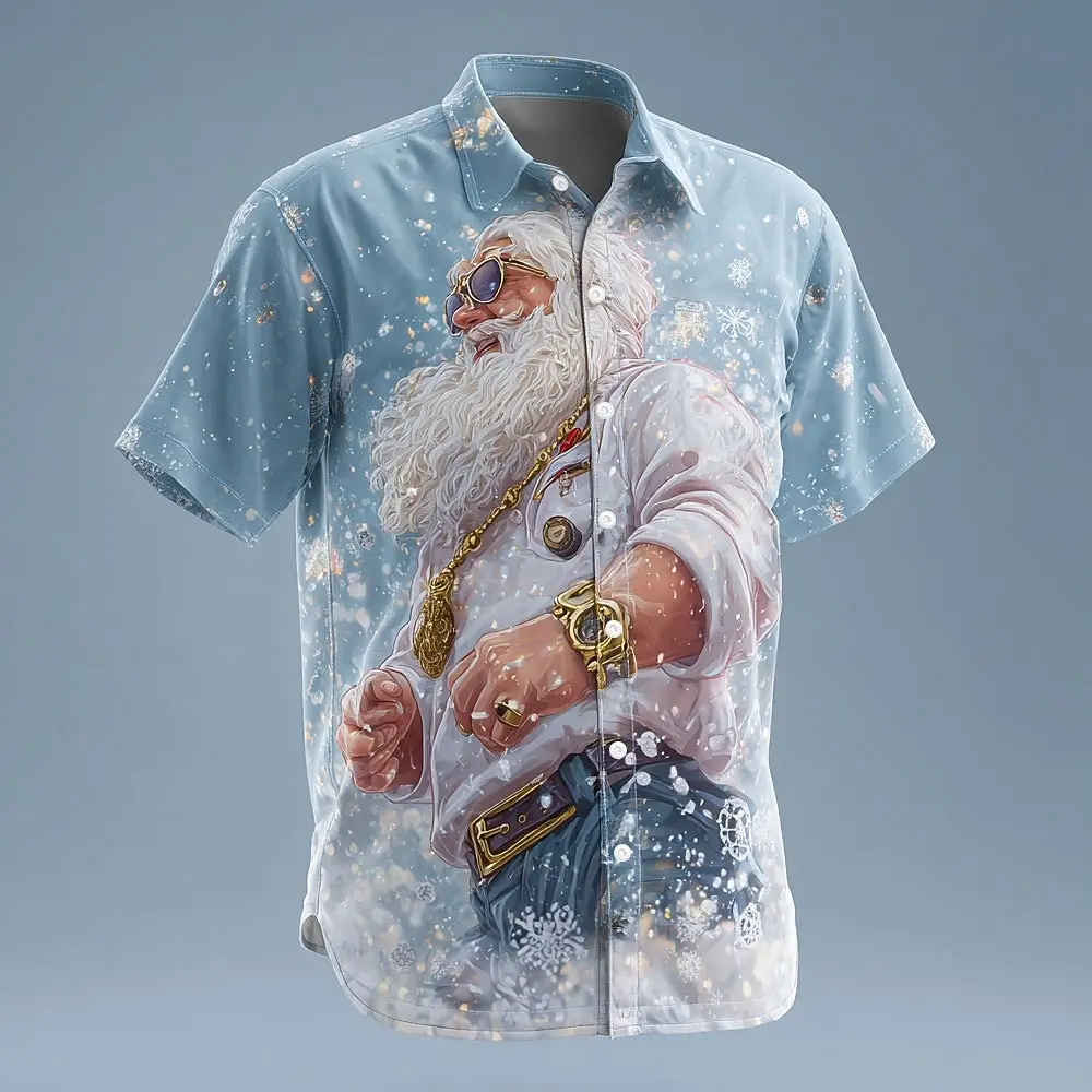 

Men's Fashion Cool Santa Clause Graphic Shirts Vintage Hip Hop Style Short Sleeve Top Loose Button Lapel Single Breasted Clothes