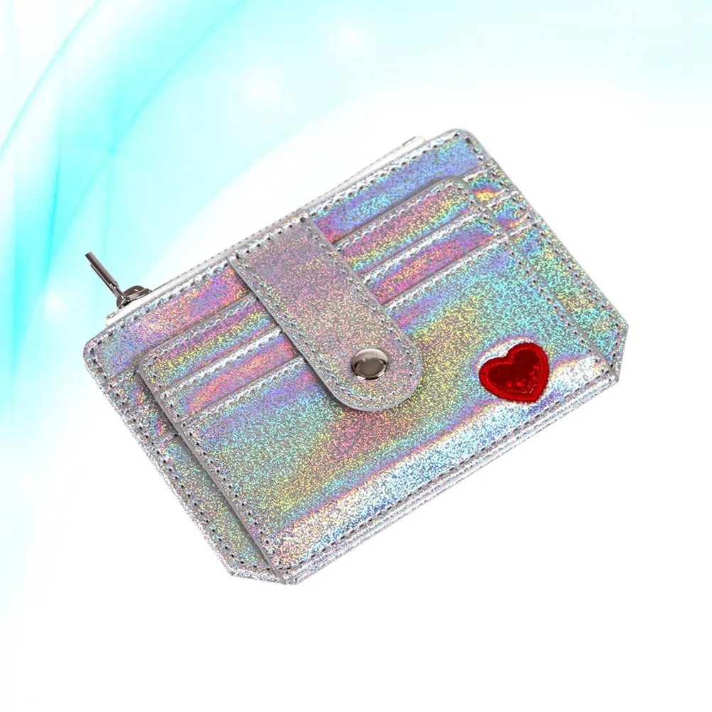 

PU Bank Card Holographic Lady Purse Silver Wallet Zipper Coin Change Purse Durable Card Holder Shinning Heart