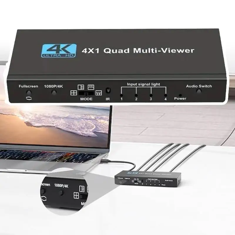 Split Screen TV Quad Screen Multiviewer 4-in-1 Digital Seamless Multi-Display Adapter 4K für Spielesetup Konferenzraum Sicherheit