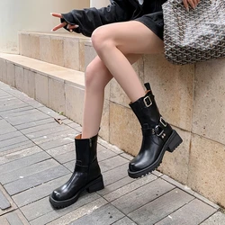 NEW Autumn Women Boots Split Leather Shoes for Women Square Toe Chunky Heel Shoes Zip Metal Buckle Boots Platform Modern Boots