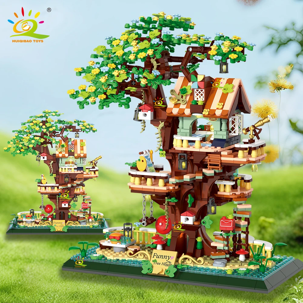 

Конструктор HUIQIBAO 1130 деталей: Модель городской улицы с домиком на дереве, набор для сборки «Лесной убежище», архитектурные блоки, игрушки для детей