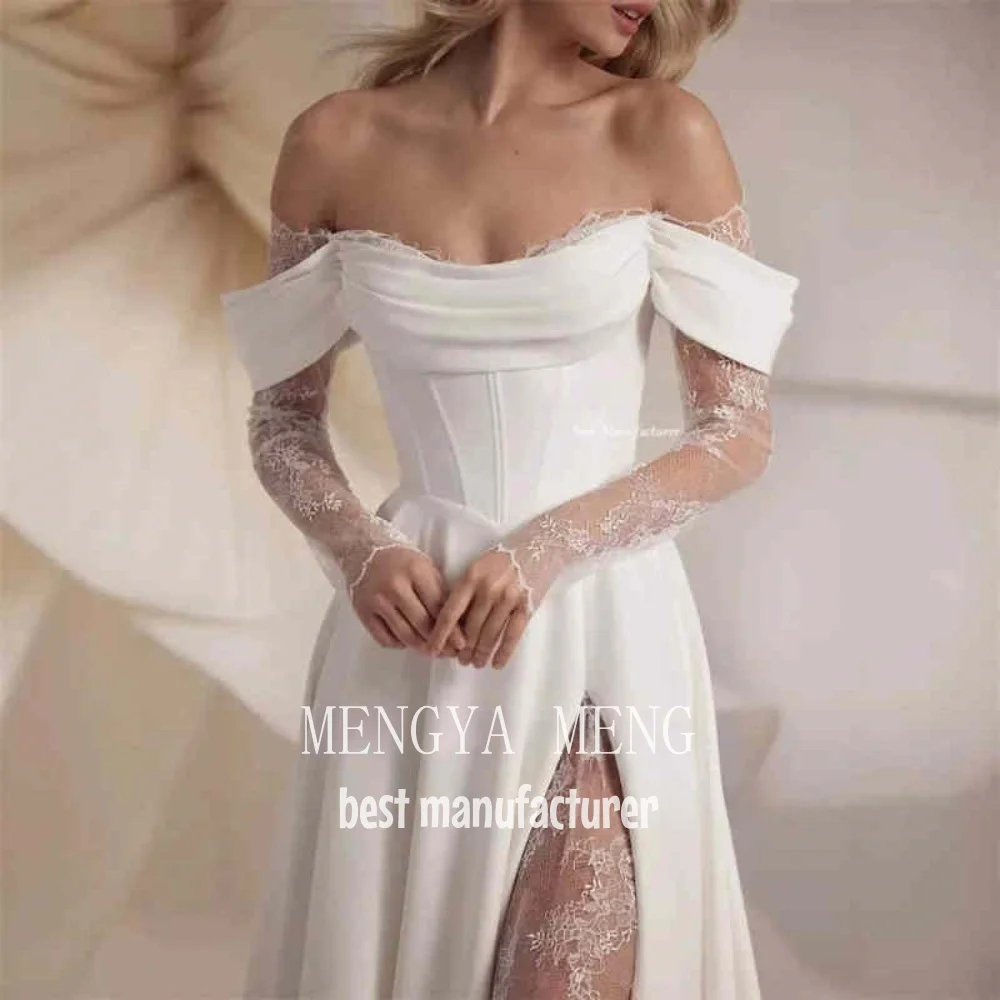 ZHUISHU Elegant Ivory Pleat Satin Wedding Dress Scoop Neck Customized Photoshoot Lace Long Sleeve Bridal Gown Sweep Train Corset