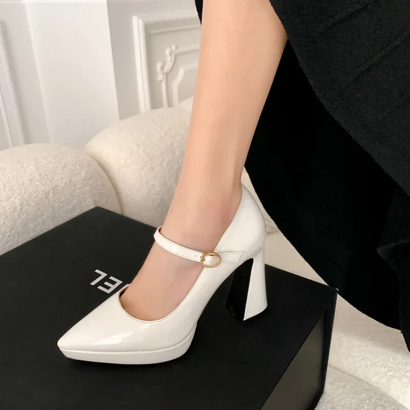 Spring and autumn New style Cusp high-heeled Women\'s Shoes occupation Shallow mouth Buckle Thick heel Women Shoes plus size34-43