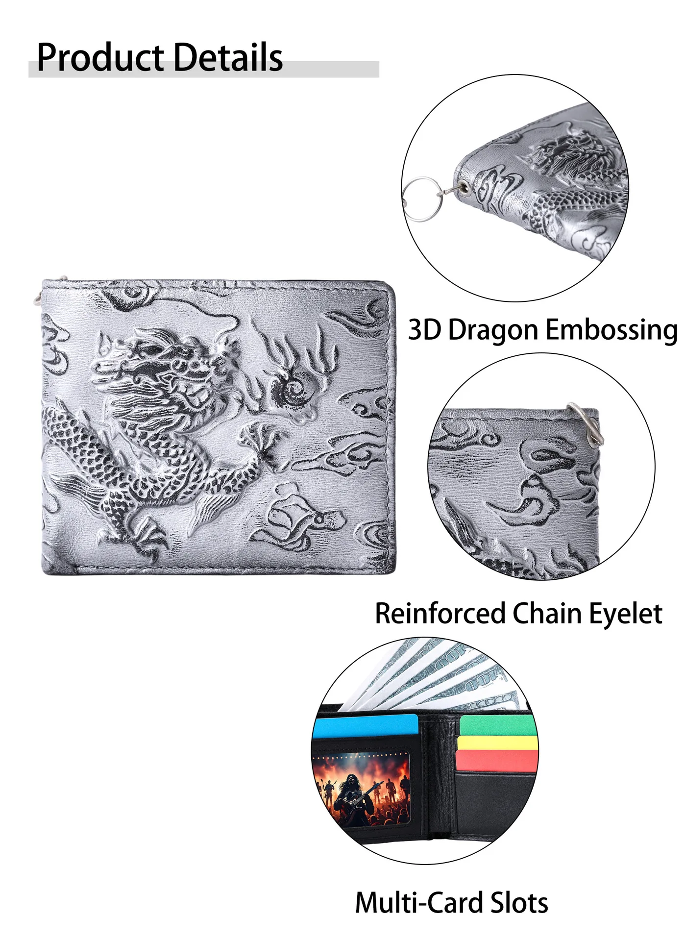 Punk Rock Biker Herren-Geldbörse mit Metallkette Retro Silberner Drache Geprägt Echtes Leder Diebstahlsichere Kettenbörse für Männer – Detail 18