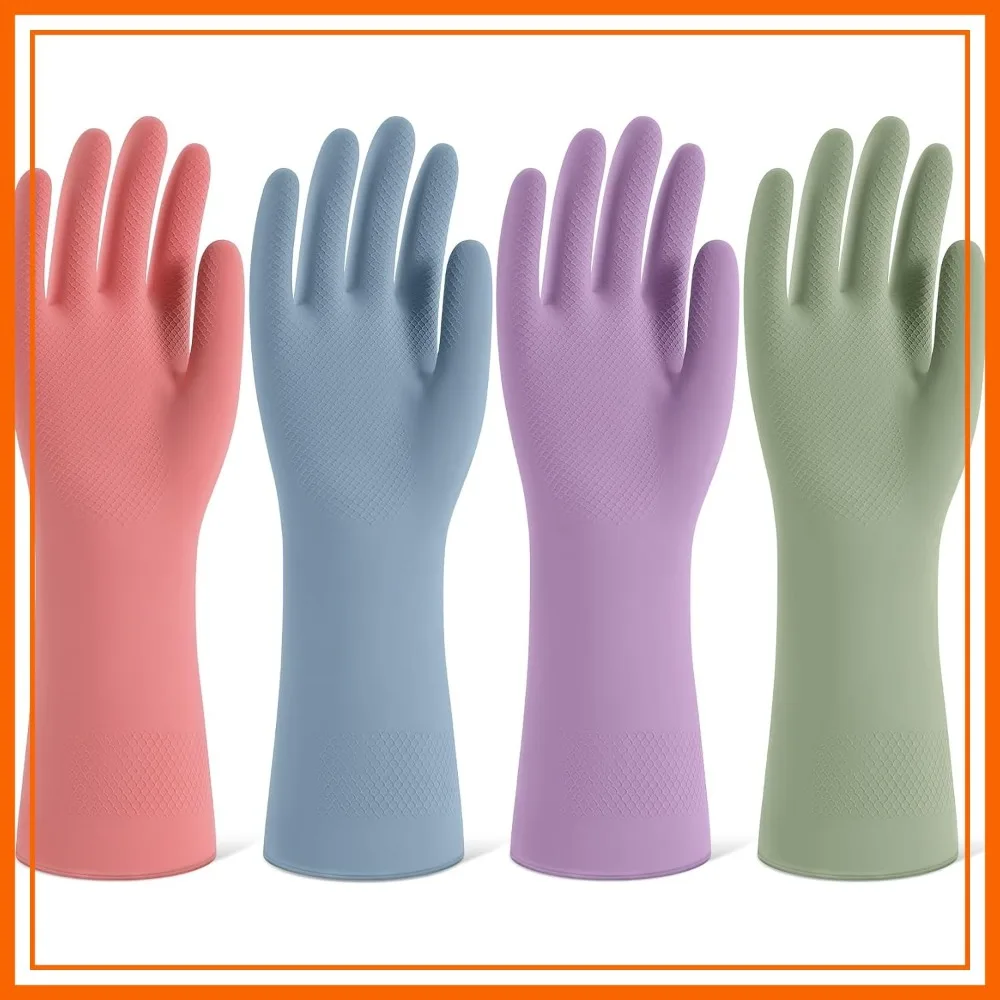 

Rubber Cleaning Gloves for Dishwashing, 4 Pairs Reusable Kitchen Gloves with Flocked Lining and Non-Slip Grip, Colorful, M